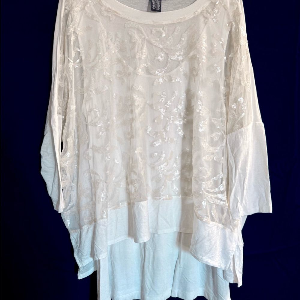 Chelsea & Theodore Sequin Layered Boho Top Women’s XL Cream Oversized Dolman EUC